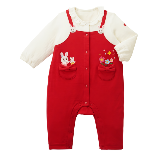 Pinafore-Style Coverall with Smiling Bunnies
