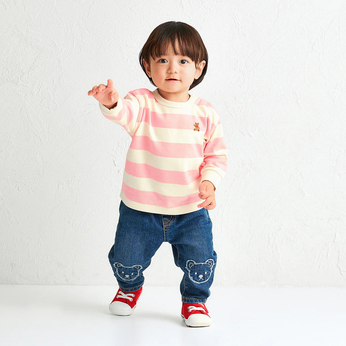 Cute Bear Embroidery Striped Long-Sleeve T-Shirt